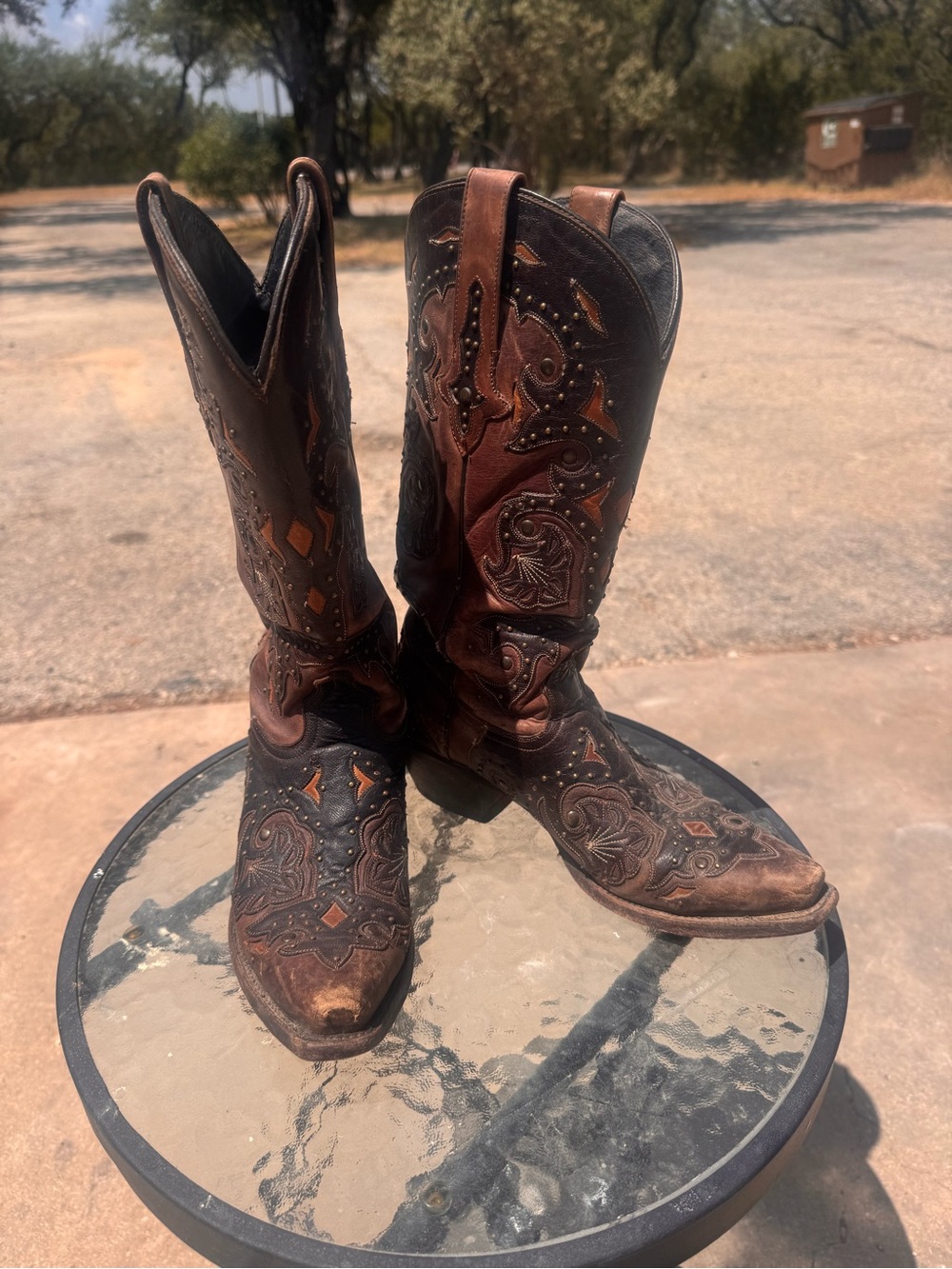 Lucchese Brown and Black Embossed Leather Western Boots